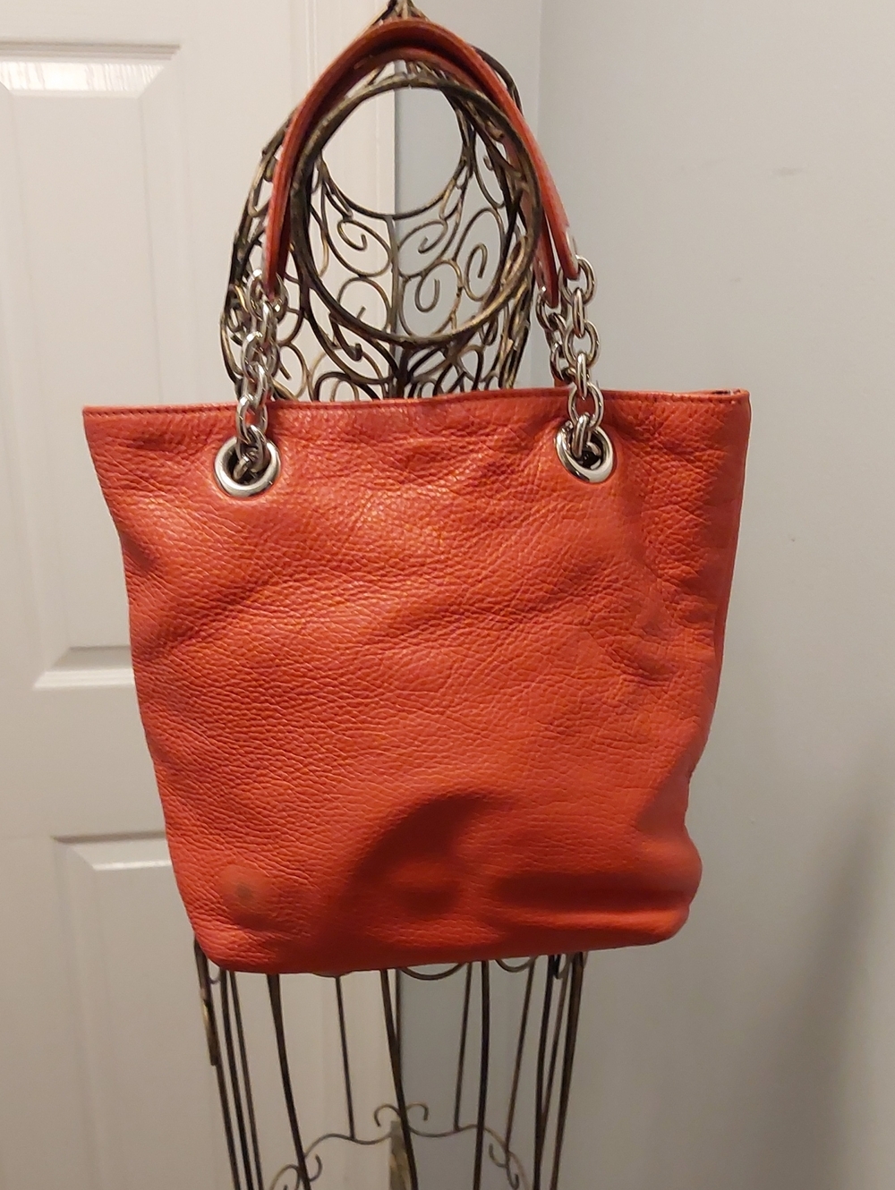 Orange Leather Chain-Handle Tote Bag